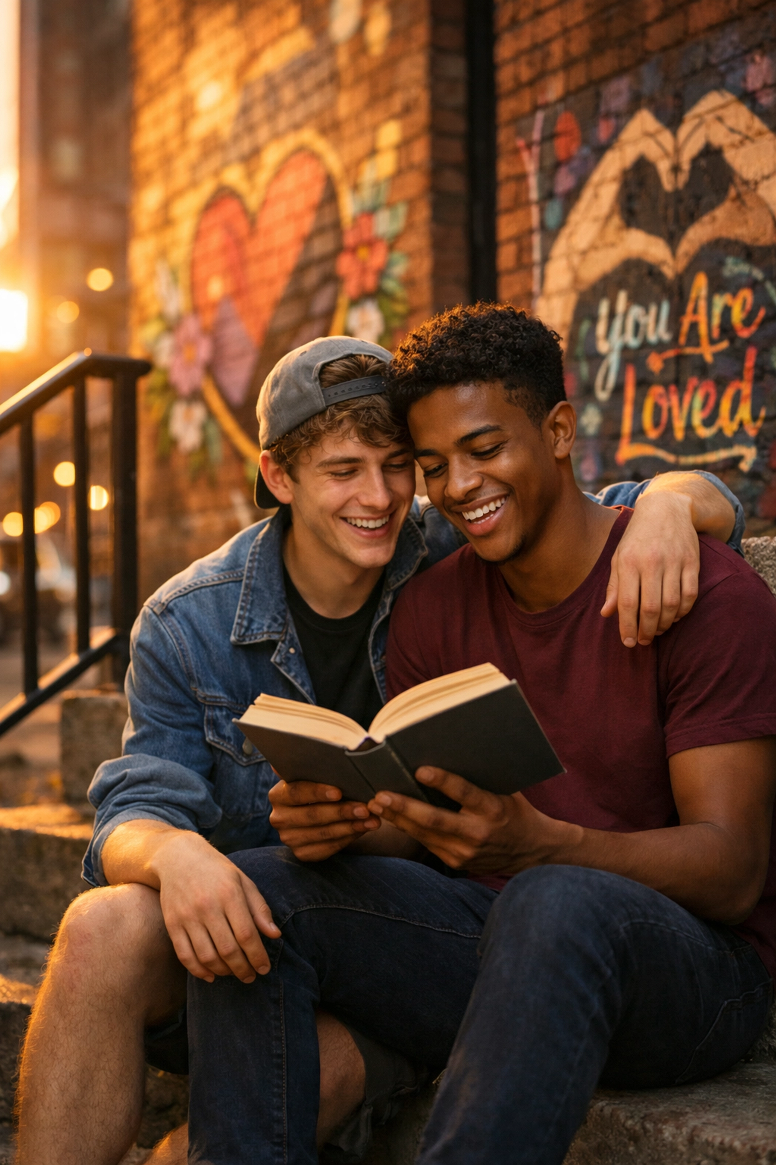 Two young men reading gay romance book together representing MM fiction and queer visibility
