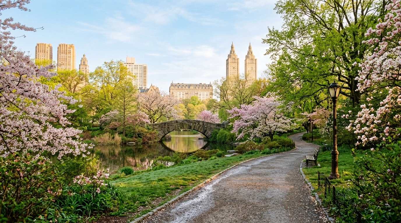 Central Park in spring with blossoming trees and peaceful greenery, full of soft life energy.