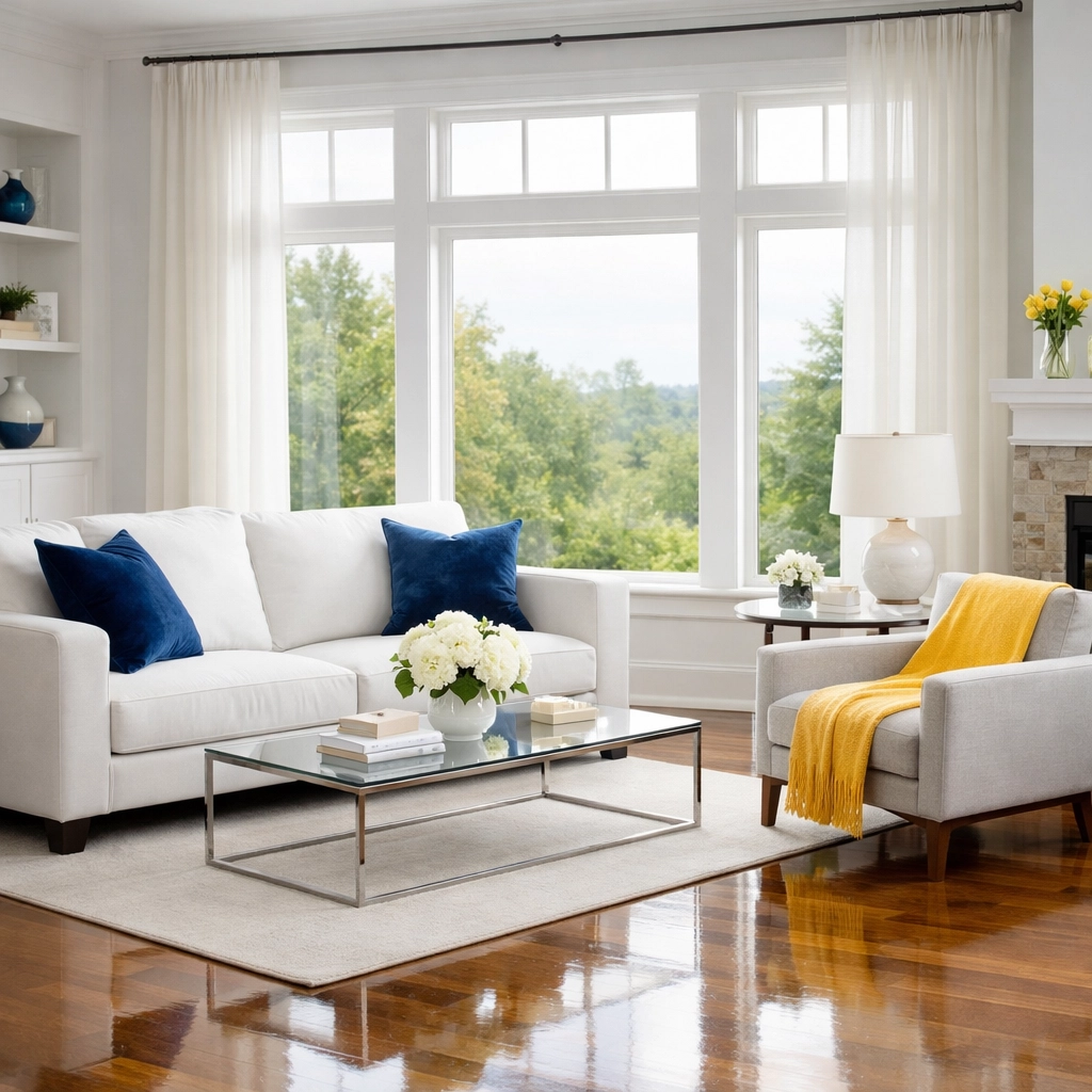 Clean and organized Fitchburg living room with polished floors after a monthly deep clean.