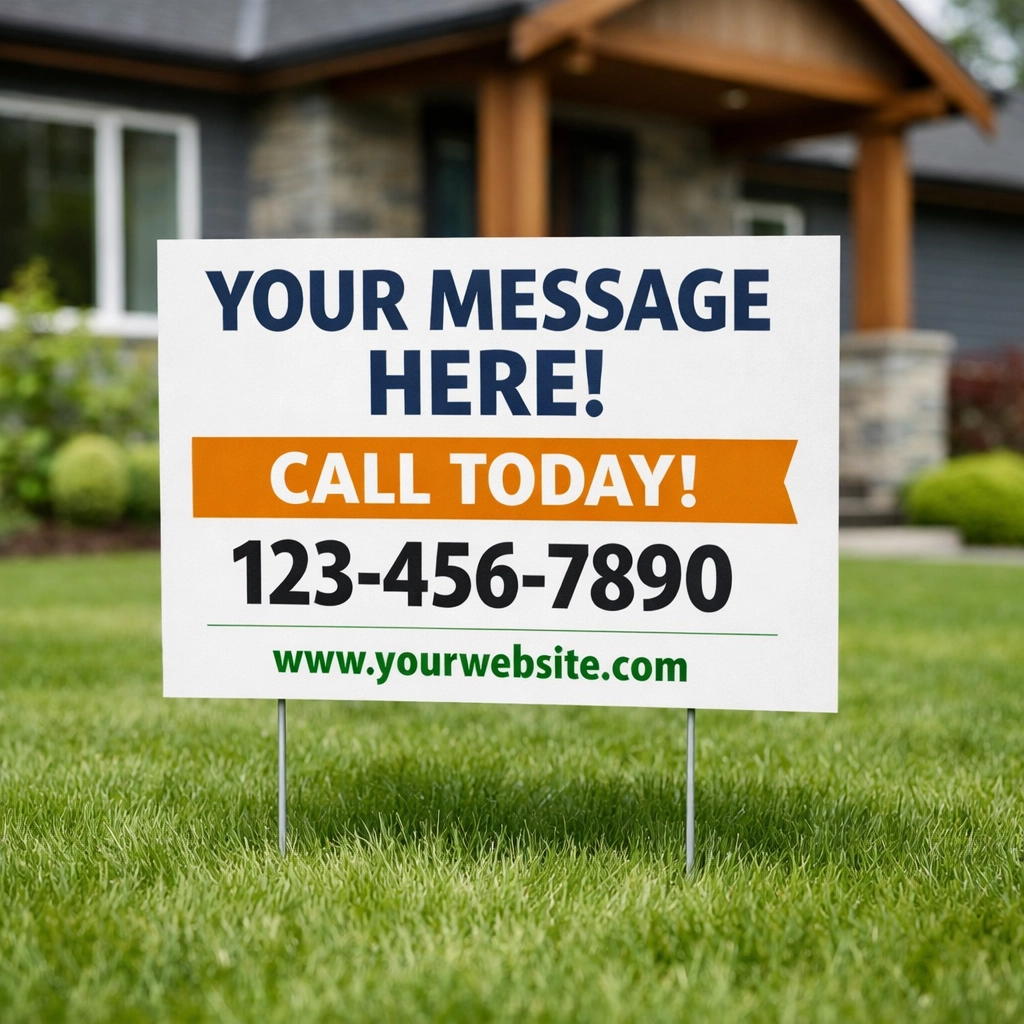 Professional outdoor yard sign with bold text on a manicured lawn for local business visibility.