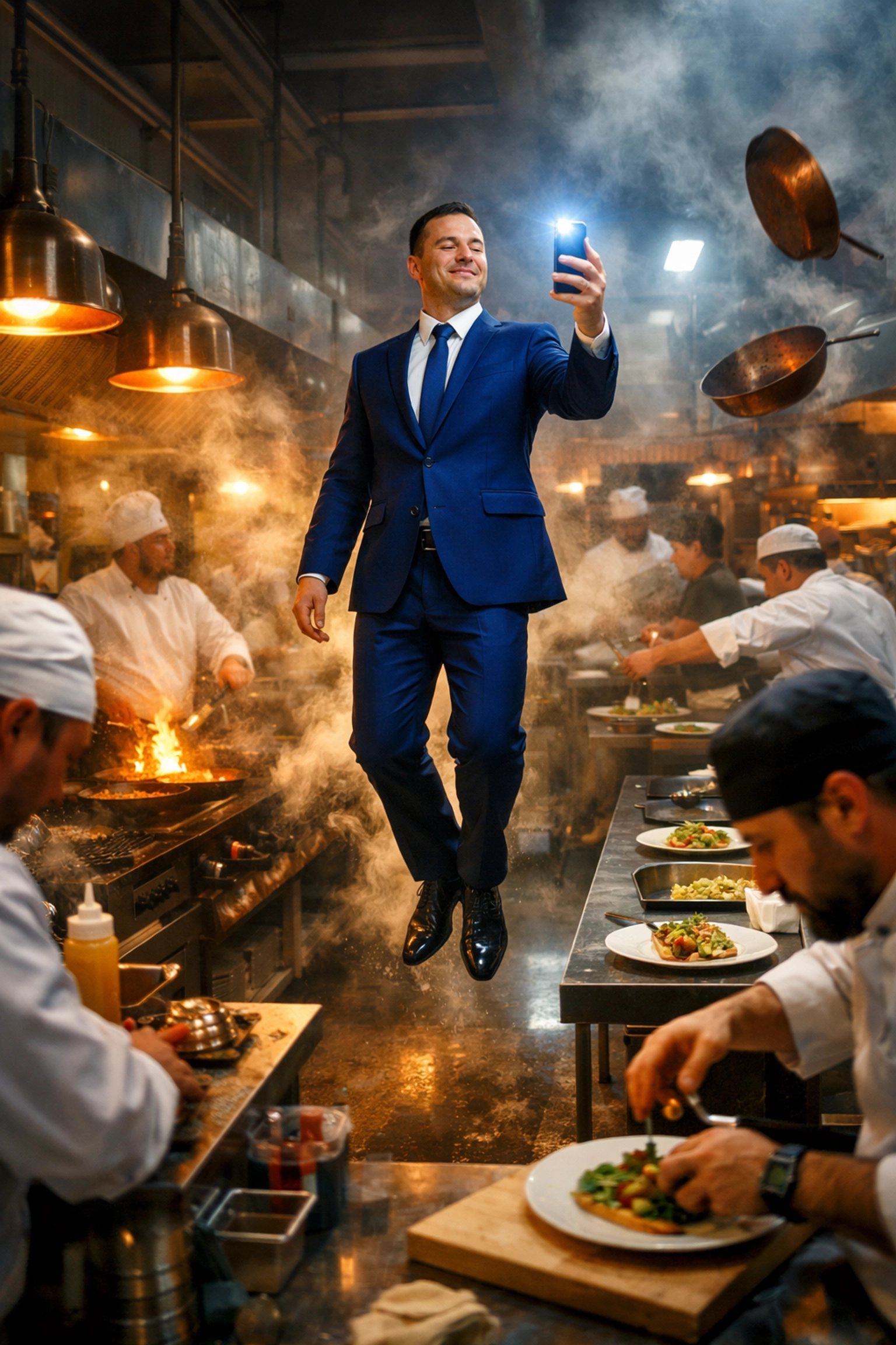 Surreal scene of a thought leader taking a selfie in a chaotic kitchen, highlighting real restaurant leadership needs.