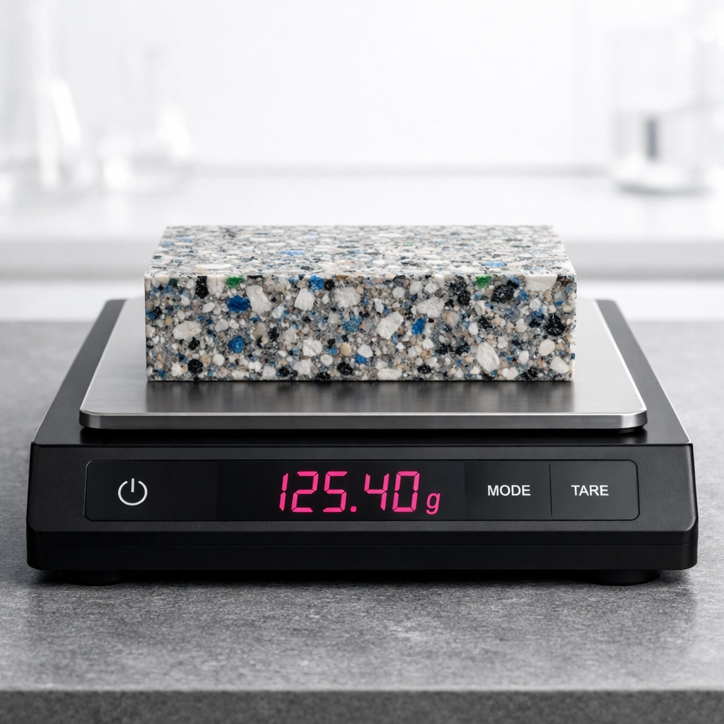 Recycled plastic building material being weighed for embodied carbon verification in a modern laboratory.