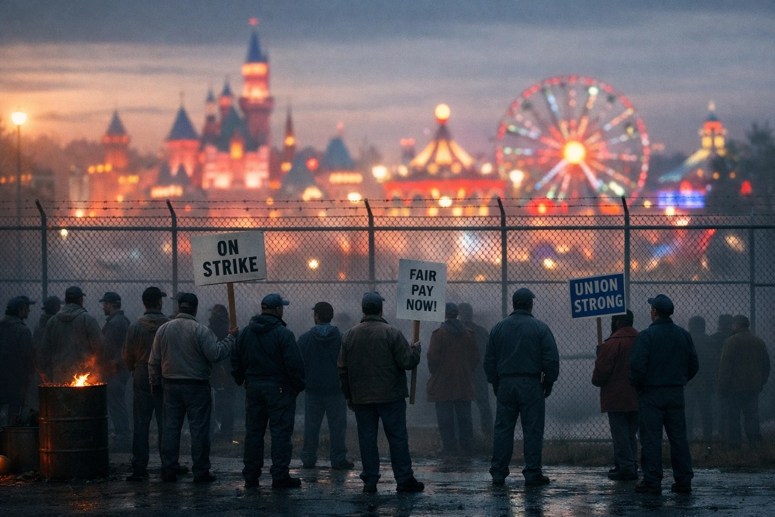 Disneyland workers on a 1984 picket line striking against wage freezes and executive pay gaps.