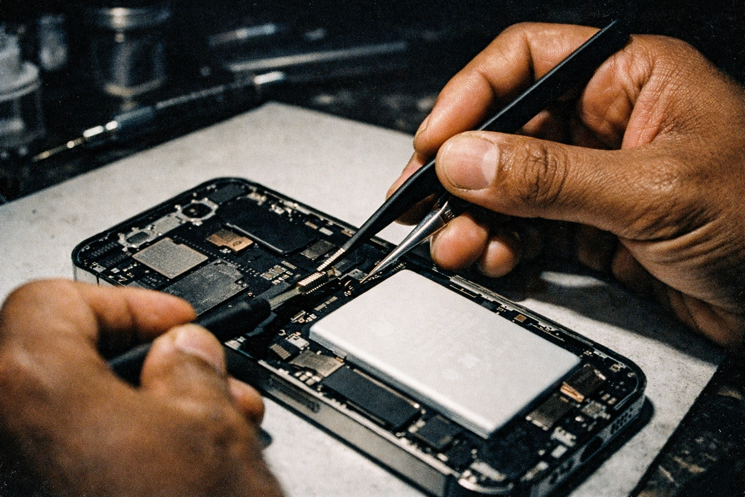 Professional iPhone 13 battery replacement repair with precision tools on workbench