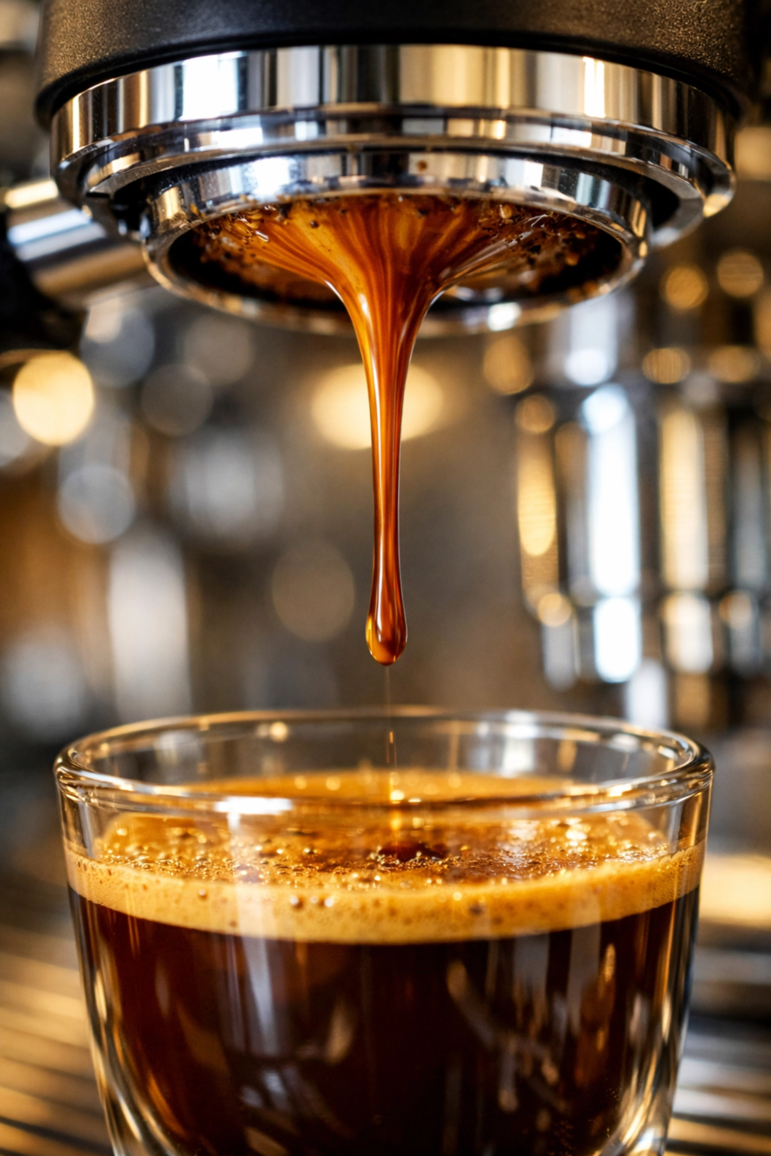 A perfect espresso extraction with rich crema pouring from a professional espresso machine portafilter.
