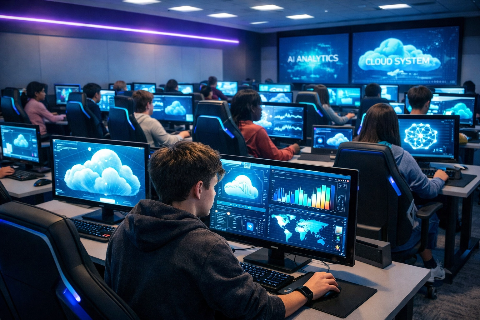 Students using AI-powered esports pods in high school computer lab for Cloud and AI literacy training