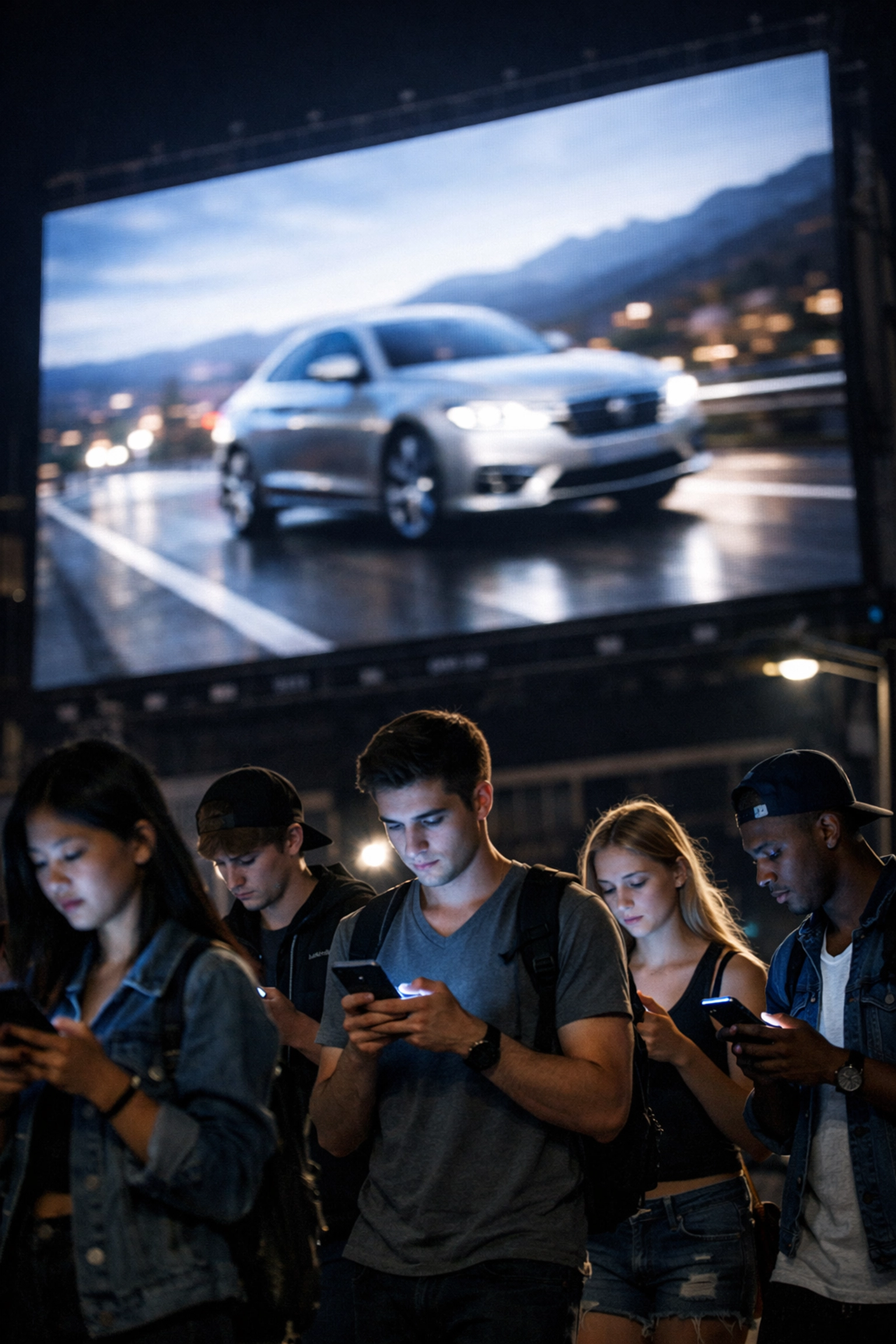 Young consumers ignoring Super Bowl billboard while checking smartphones illustrating ad fatigue