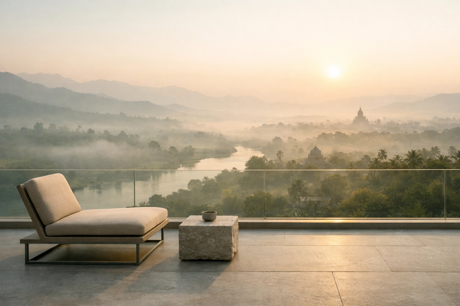 Minimalist luxury hotel balcony overlooking a misty valley, showcasing the results of hotel operations optimization.