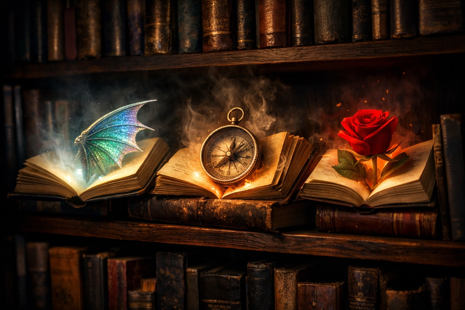 Various MM romance tropes and genres visualized through magical books on a shelf.