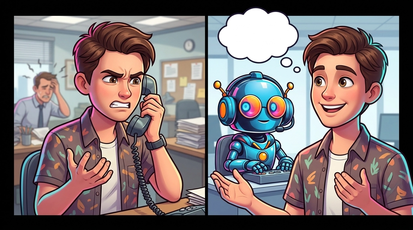 Split screen of a frustrated customer vs a happy owner using AI