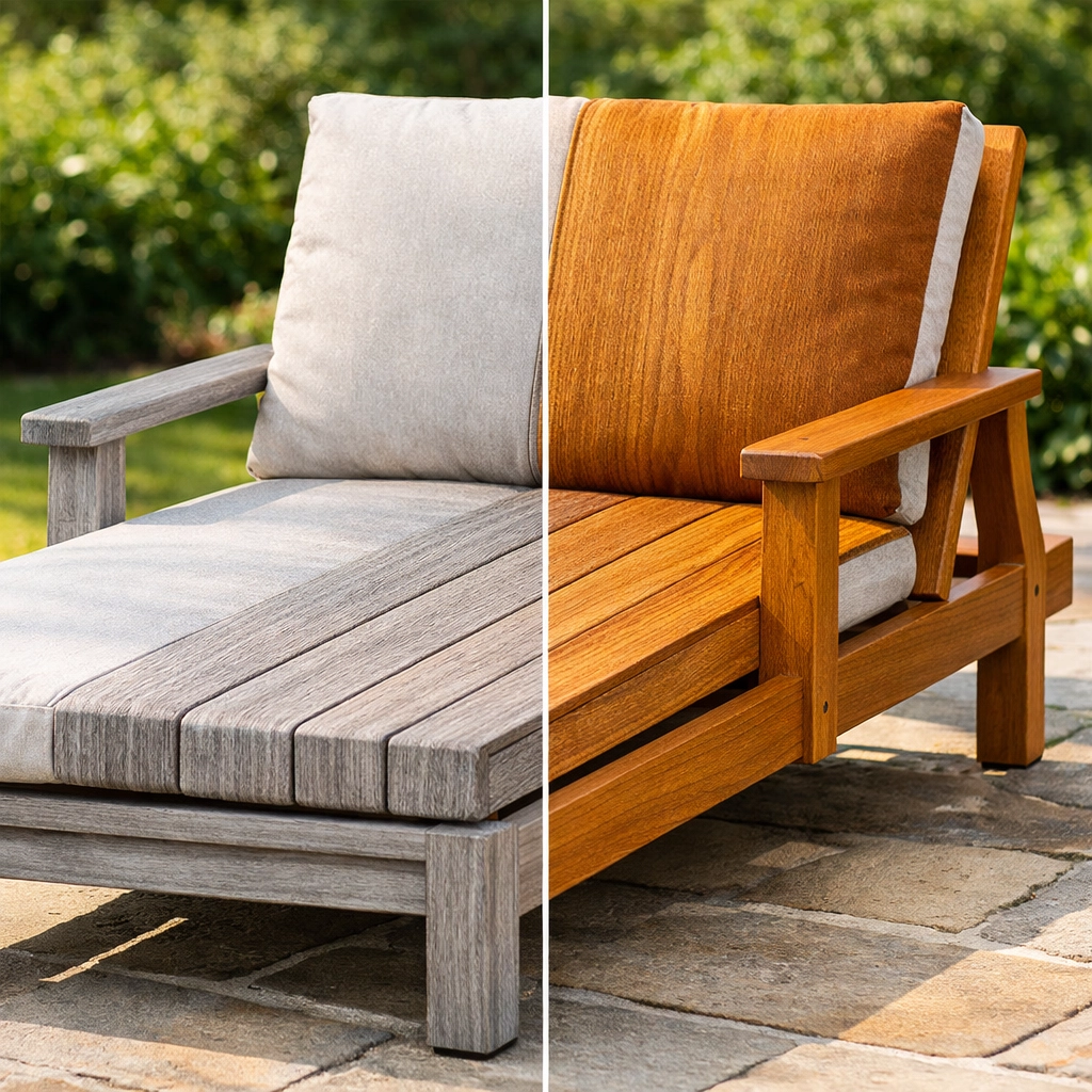 Before and after comparison of professionally cleaned and restored teak outdoor furniture on a sunlit patio.