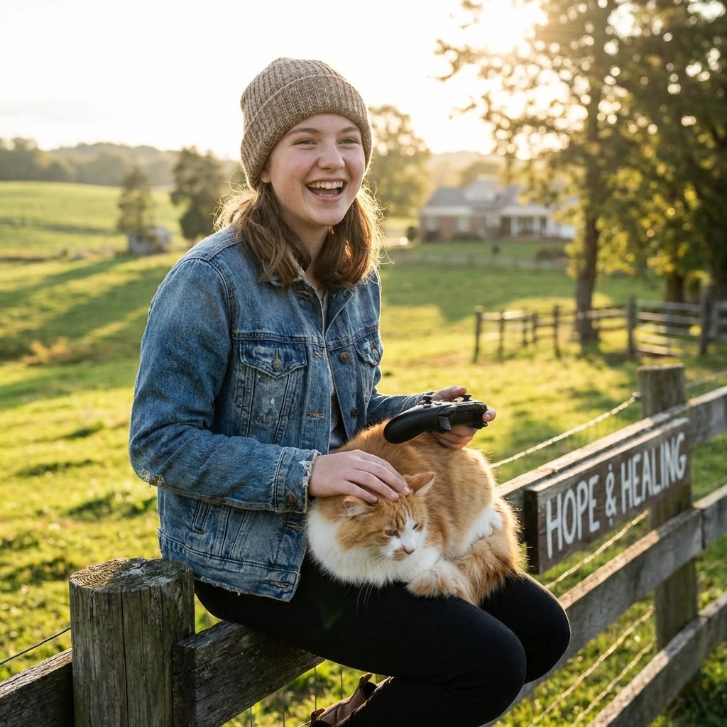 Smiling teen girl on a farm fence, holding a gaming controller and petting a cat, illustrating NextGen Level Up blending digital and real-world connection.