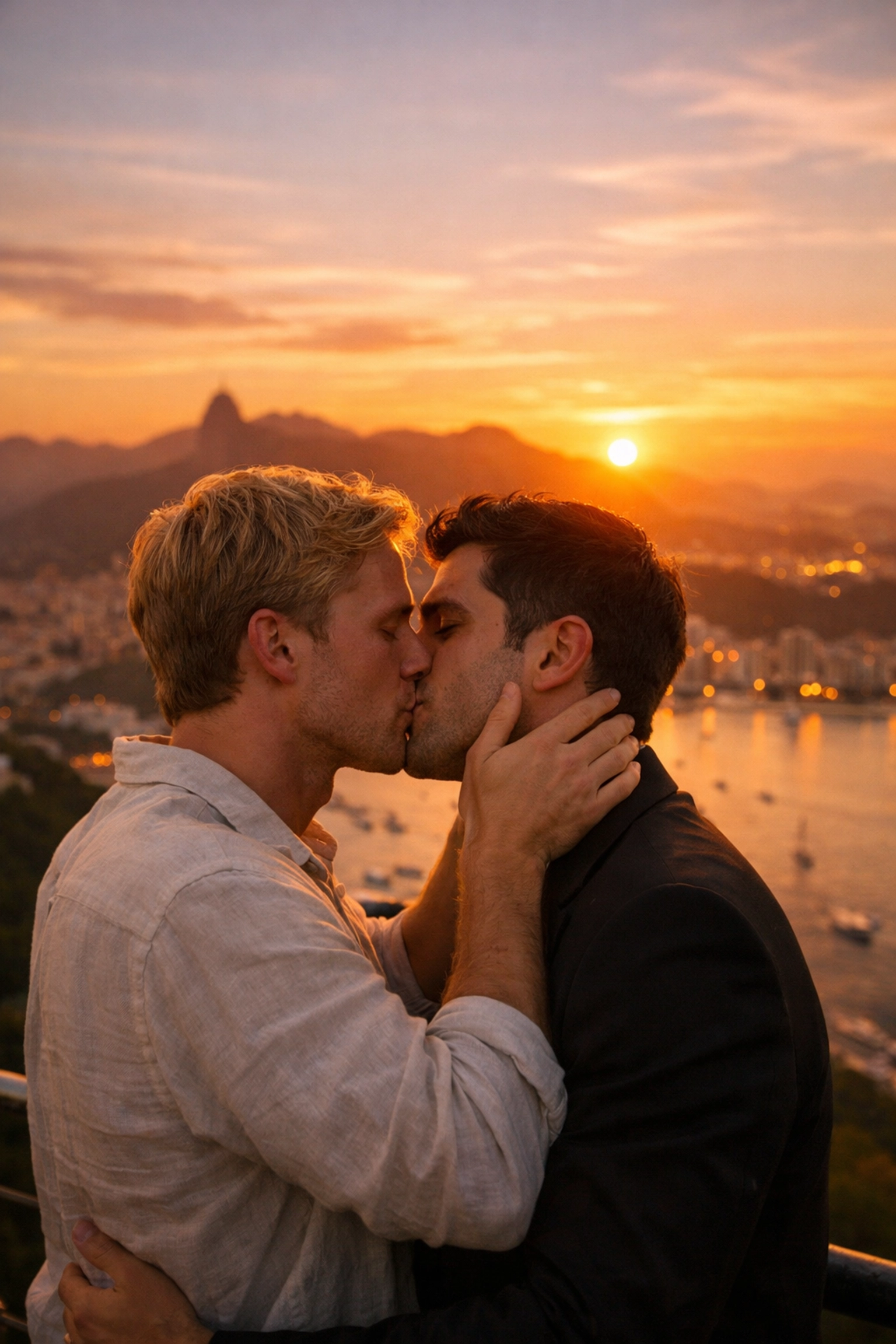 MM romance first kiss at Sugarloaf Mountain with Rio cityscape during golden hour sunset