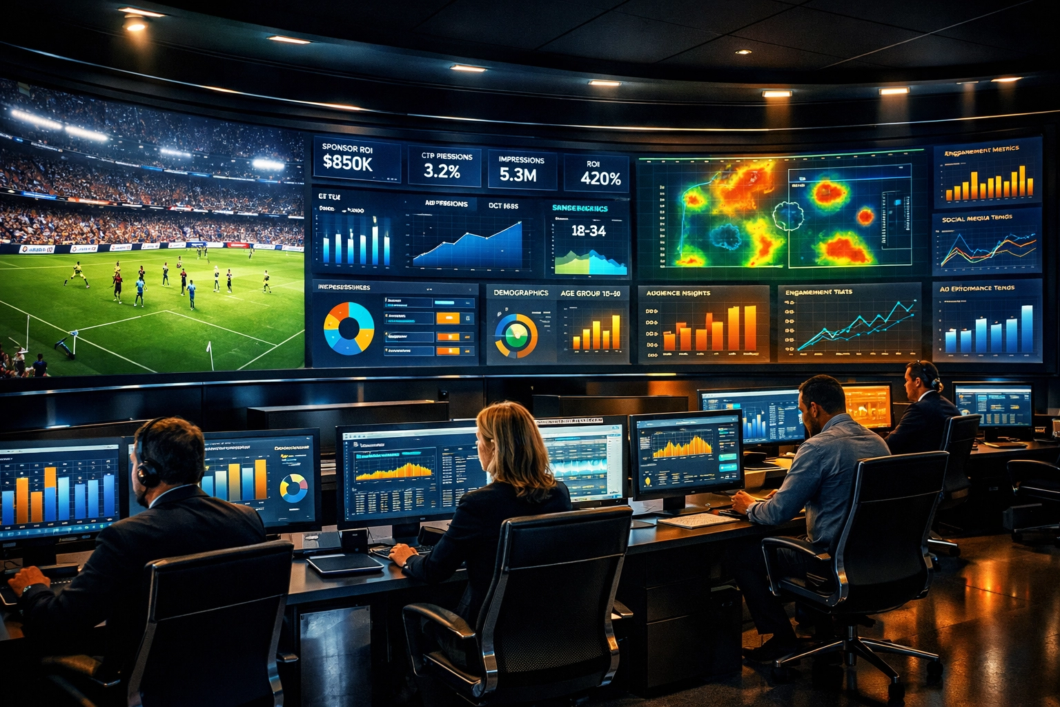 Sports advertising analytics command center displaying real-time performance data and metrics