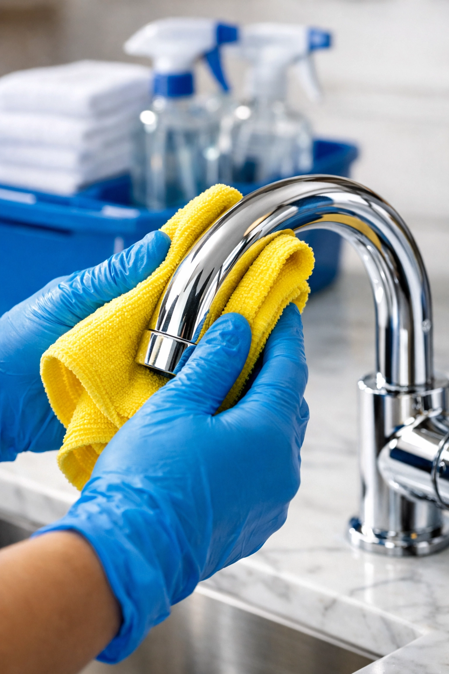 Professional cleaner in Franklin MA polishing a luxury faucet with a microfiber cloth on a marble countertop.