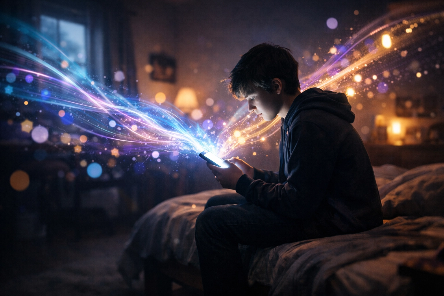 Teenager looking at a glowing smartphone screen representing the flood of mental health tips on social media.