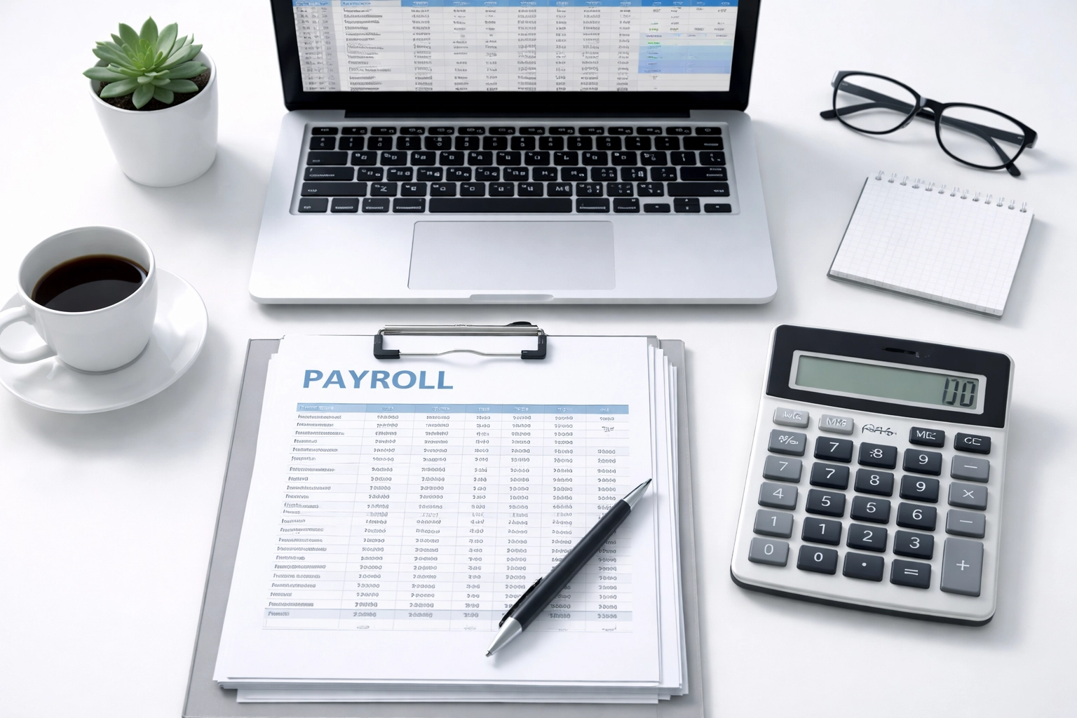 Organized white desk with payroll documents and laptop, showing efficient ACH payments for recurring bills