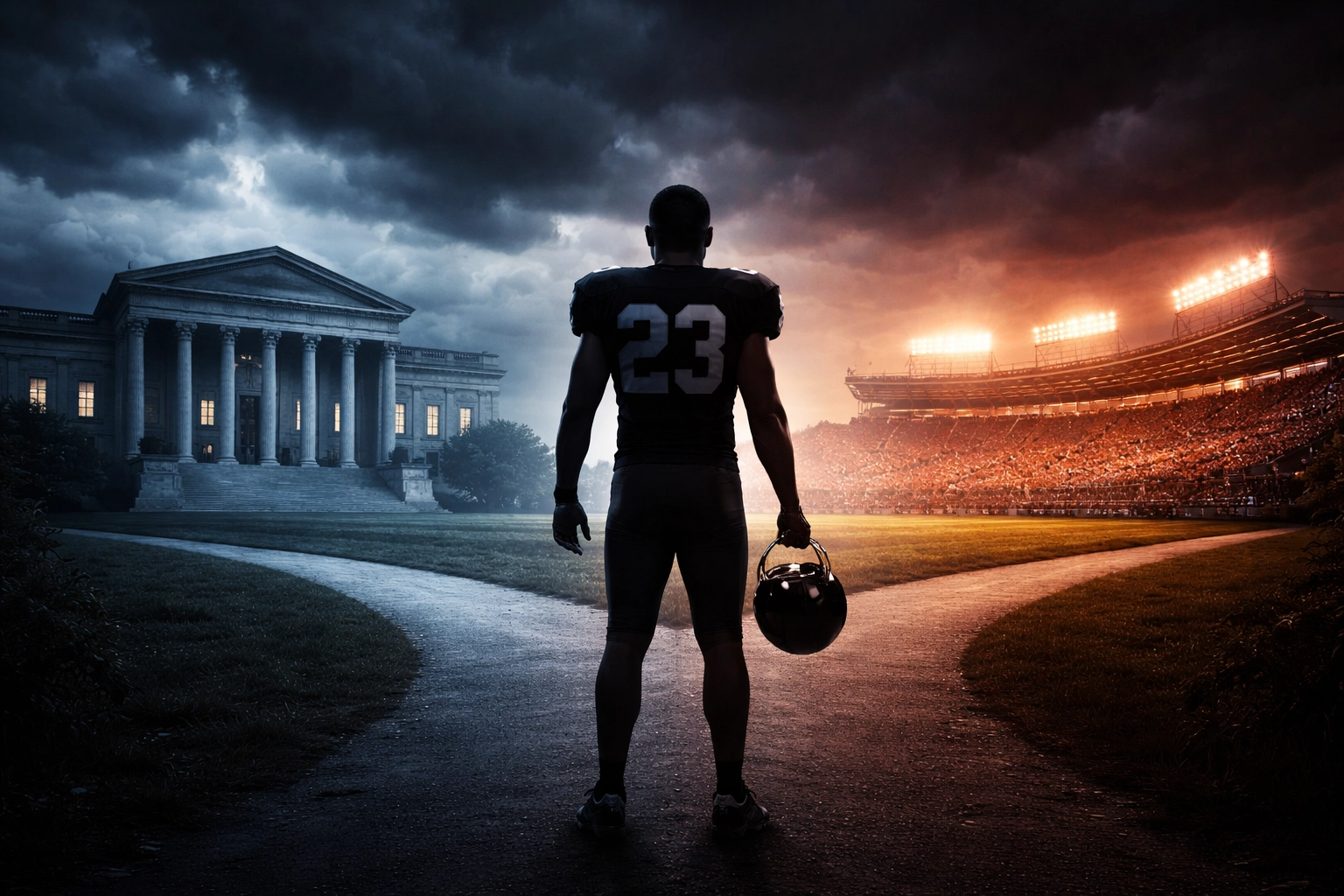 Silhouette of a college football player at a crossroads between a courthouse and stadium, representing legal choices in the transfer portal era.