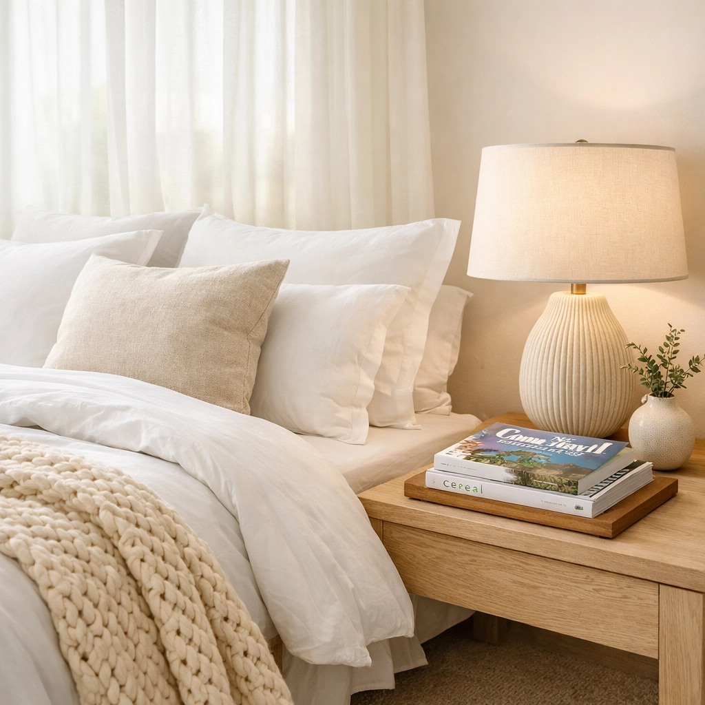 Professionally staged bedroom with high-end linens for a luxury Vancouver short-term rental listing.