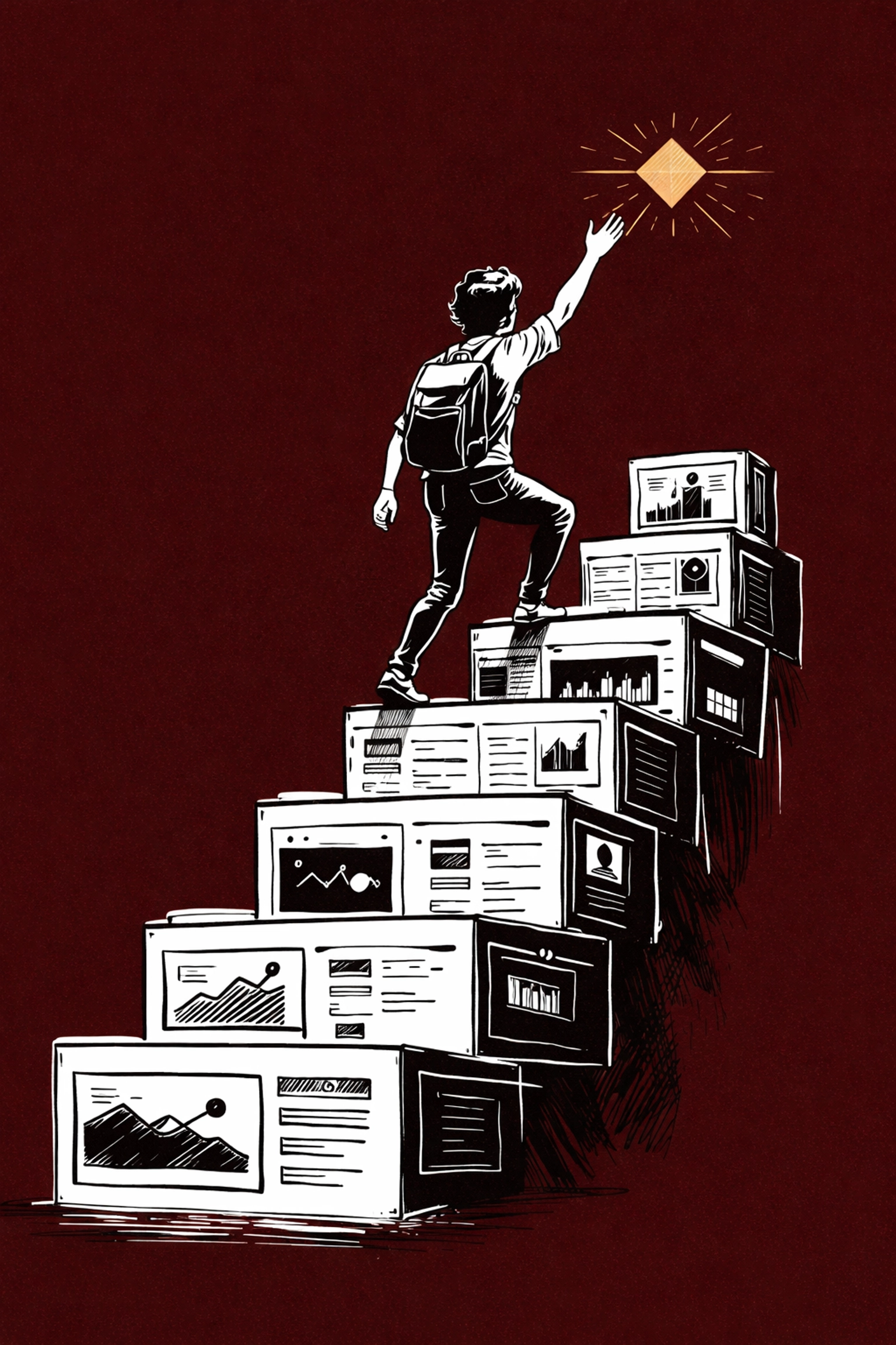 Sketch of a creator climbing a staircase of portfolio pieces, illustrating compounding growth and equity-building