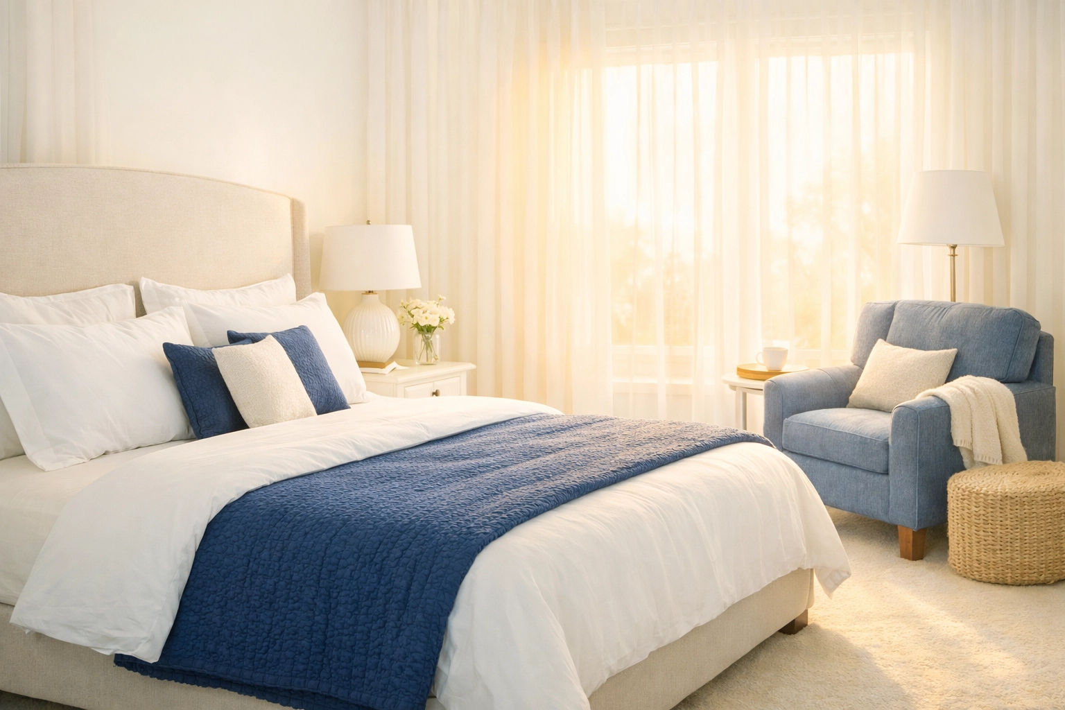 A serene, tidy master bedroom showing the mental peace of a consistent professional house cleaning routine.
