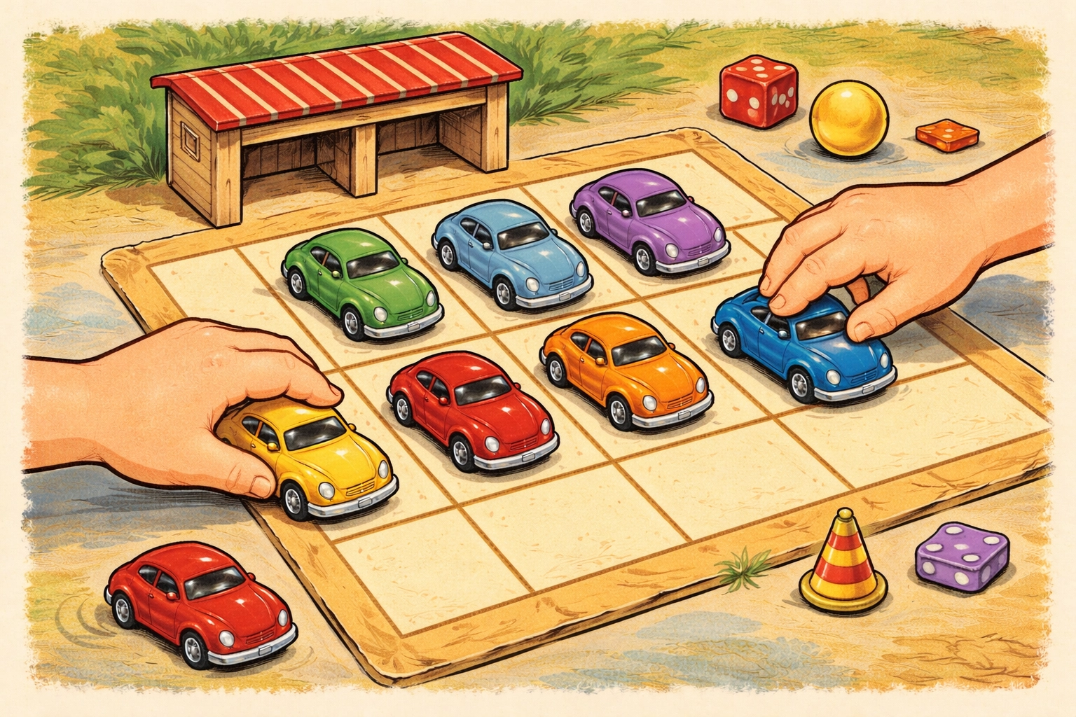 Cartoon hands parking colorful toy cars into numbered cardboard spaces for children's counting game