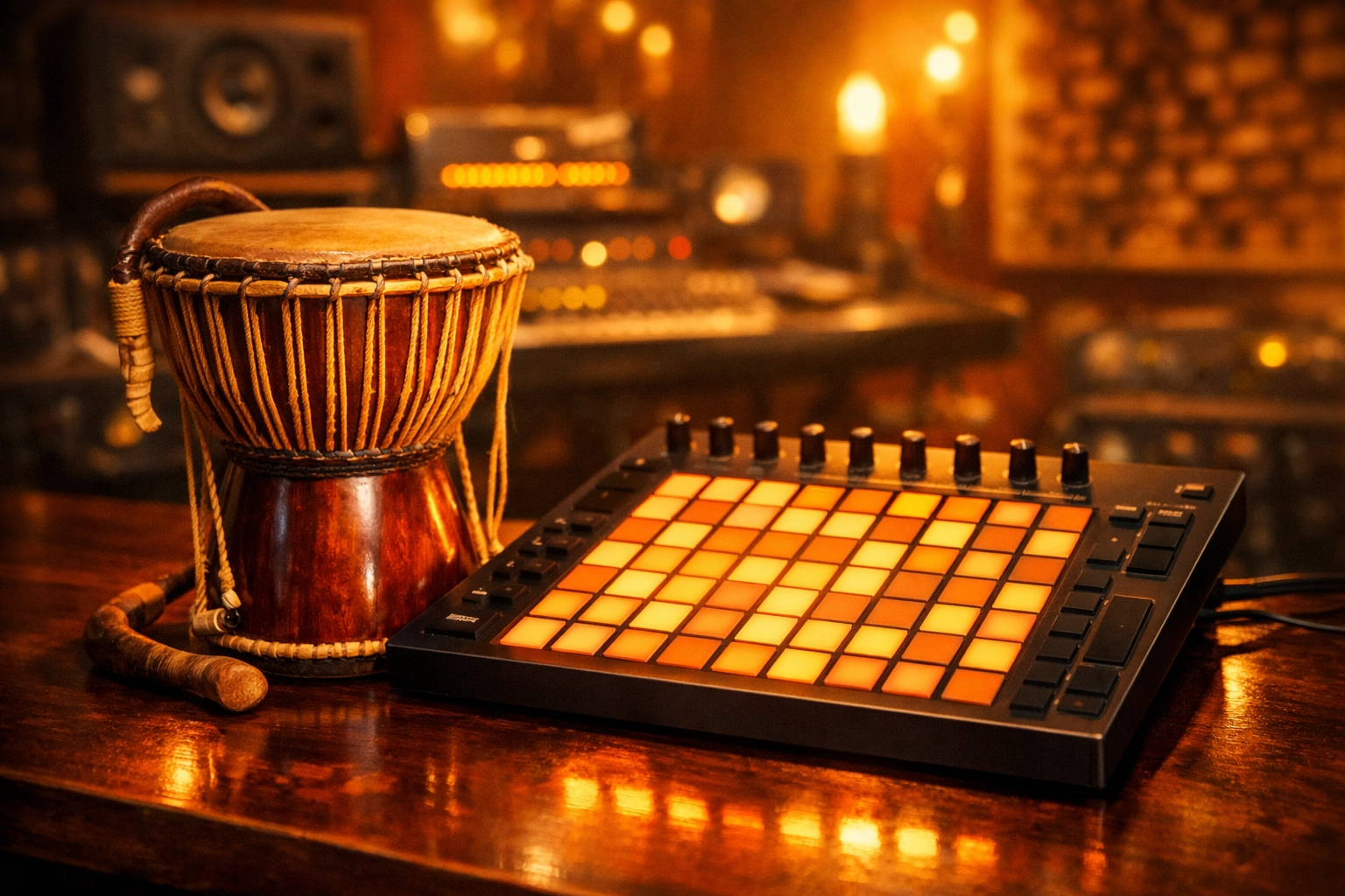 Traditional West African drum and modern digital launchpad showcasing international music fusion.