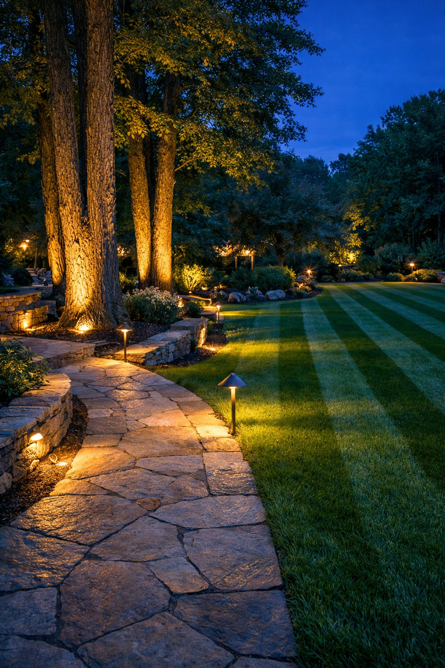 Illuminated stone walkway and manicured lawn showcasing outdoor lighting and lawn care in Ooltewah TN.
