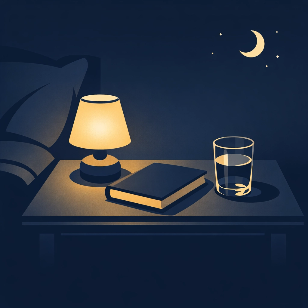 Peaceful device-free bedroom nightstand with lamp and book for better sleep