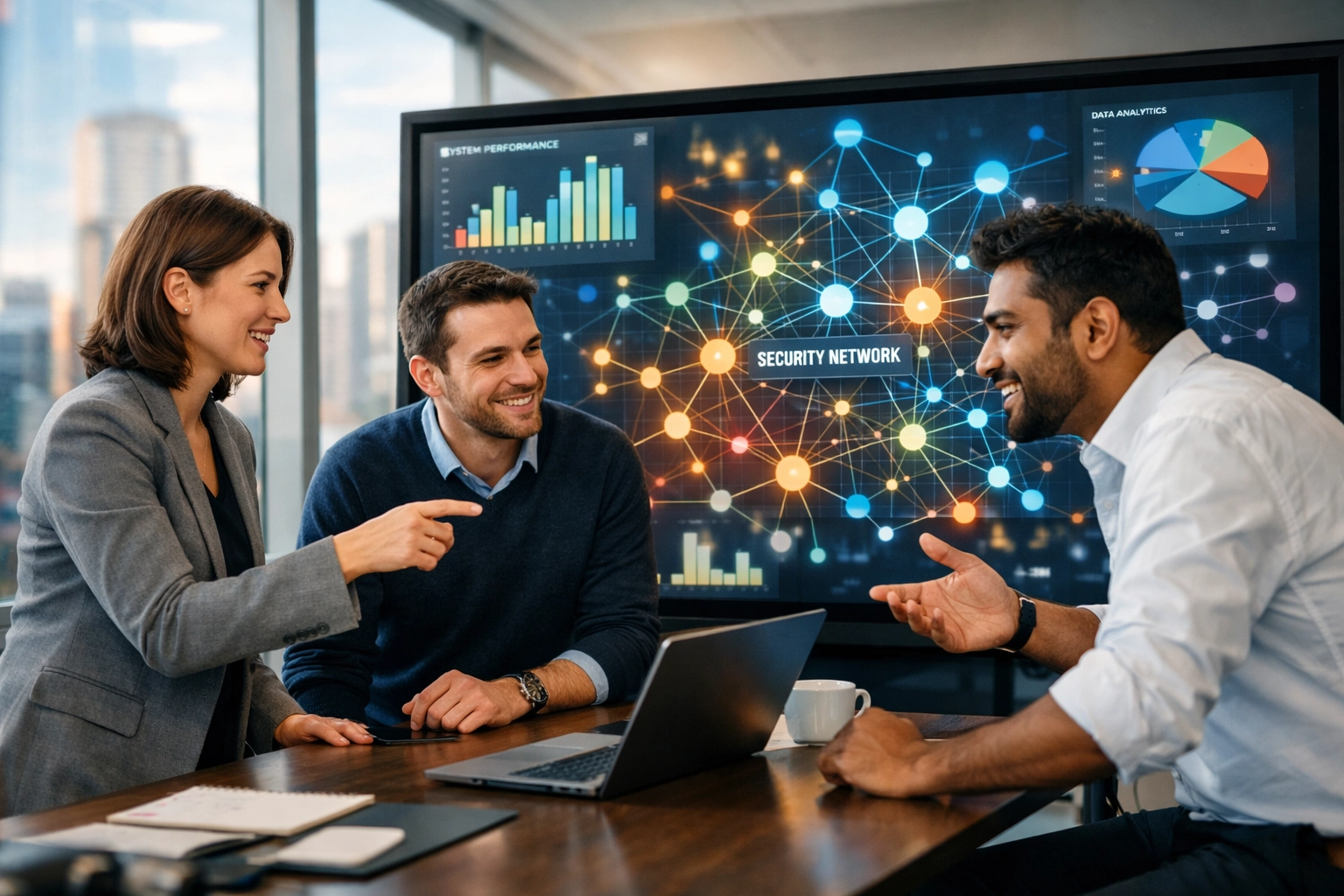 ServiceNow implementation partner team analyzing ROI dashboards and data in a corporate strategy room.