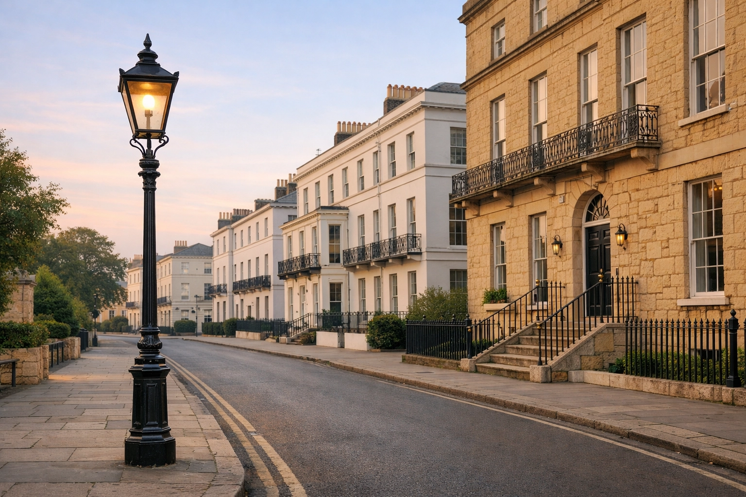 Quiet Cheltenham street with traditional Regency architecture and Cotswold stone homes in a safe neighbourhood.