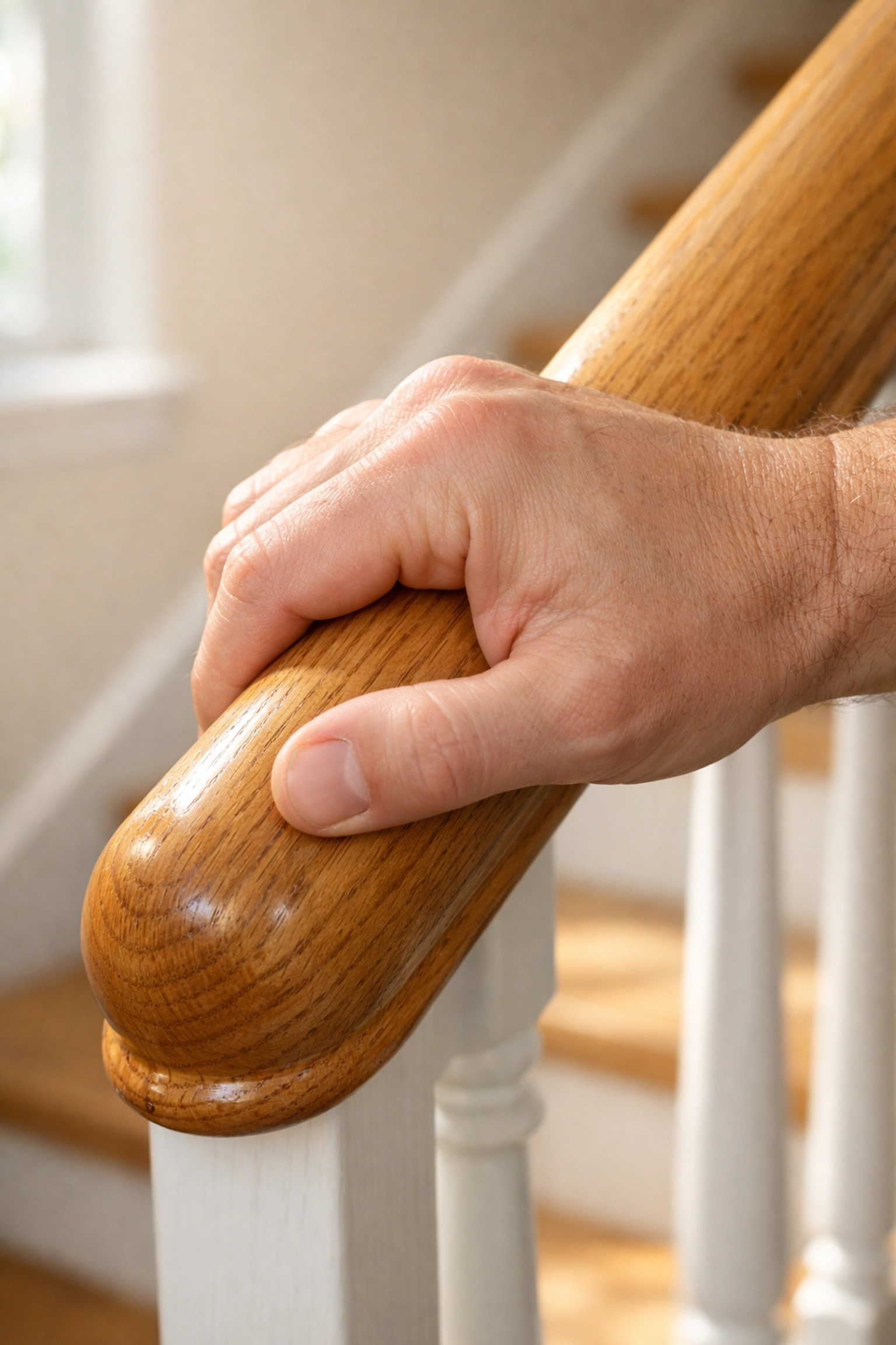 Close-up of a hand firmly grasping a rounded wooden handrail for improved stair safety.