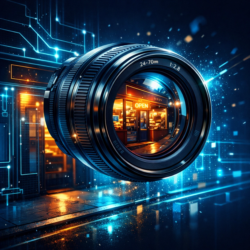 High-quality professional lens focusing on a local storefront to improve Google Maps ranking.