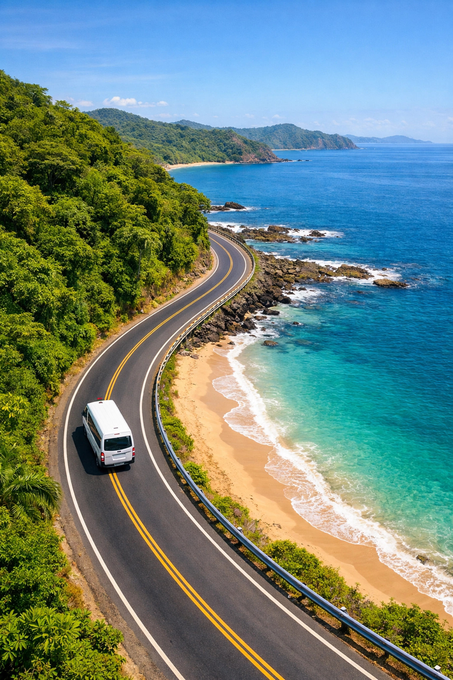 Aerial view of a private transfer Liberia airport shuttle driving along the Guanacaste coast.