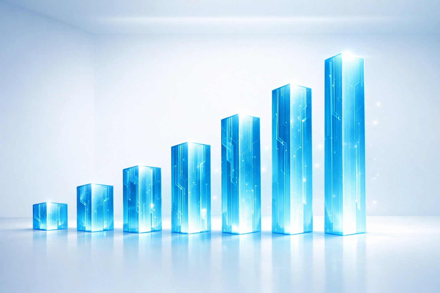 Glowing pillars showing business growth and operational leverage through a strategic AI transformation roadmap.