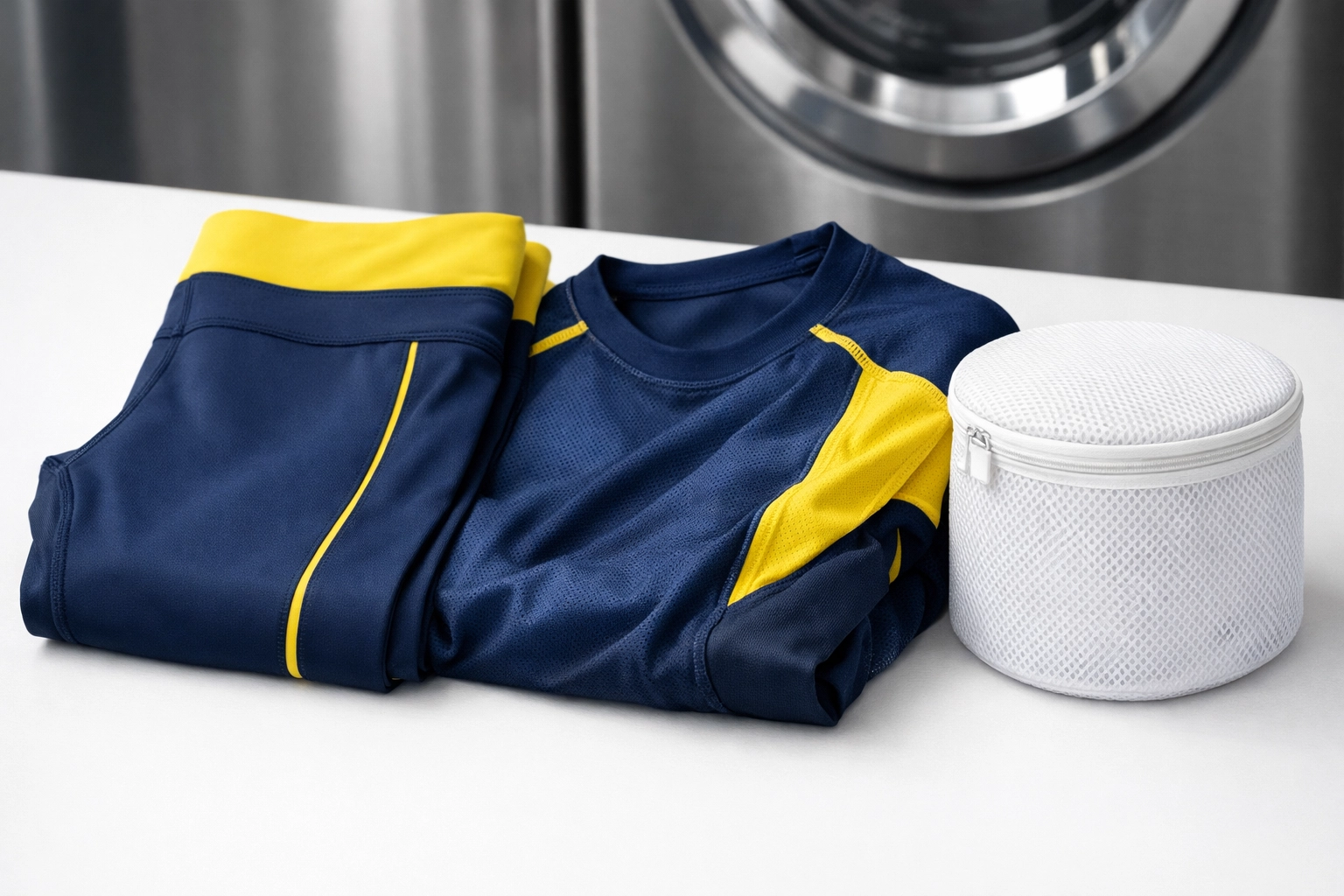 Synthetic athletic wear with a microfiber-catching wash bag for sustainable laundry habits.