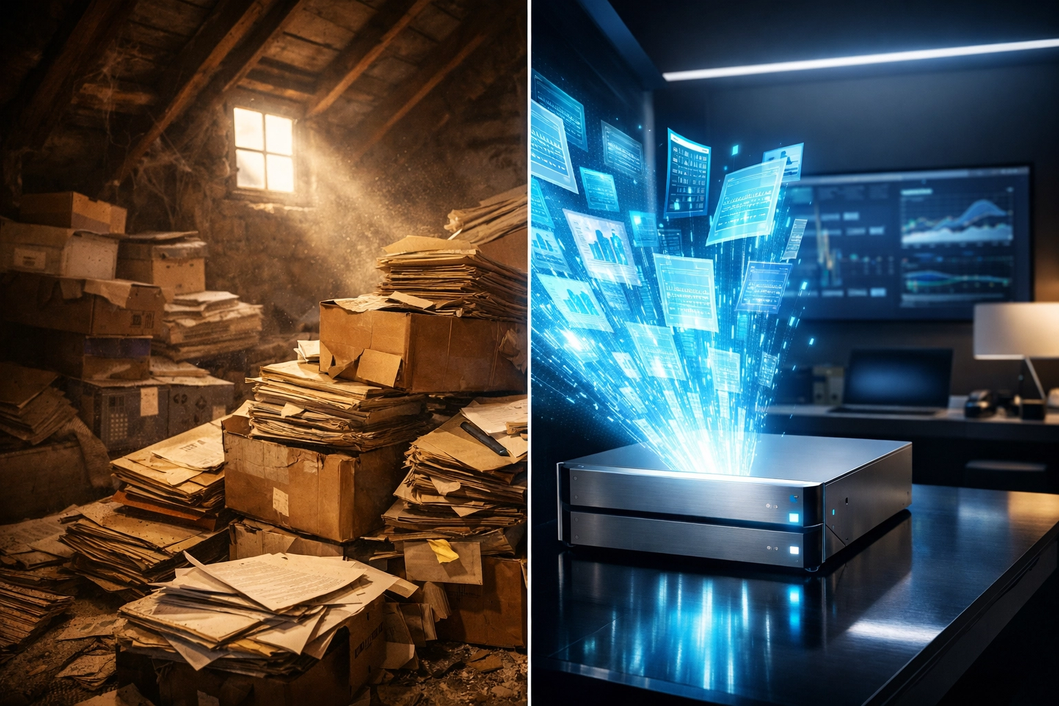 Visual transition from physical paper boxes in an attic to a modern, searchable AI document database.
