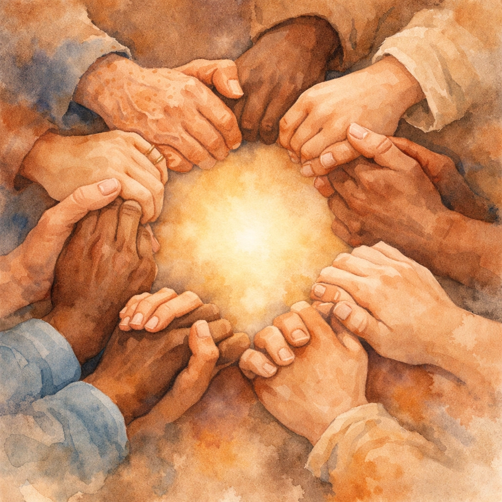 Diverse hands joined in circle representing prayer and unity in faith community