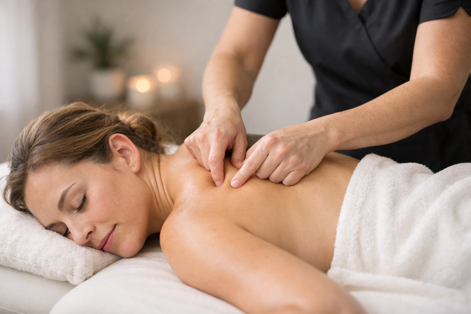 Neuromuscular massage therapy focusing on shoulder trigger points in a clean, calming treatment room
