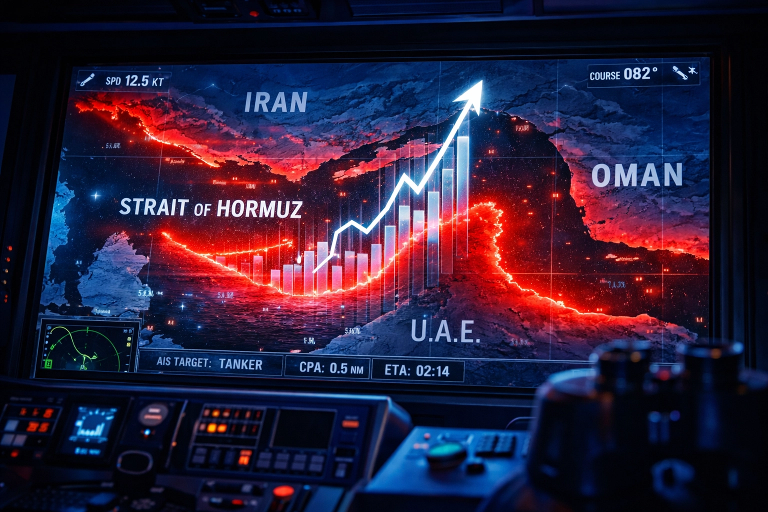 Digital navigation map of the Strait of Hormuz showing rising shipping insurance costs and risks.