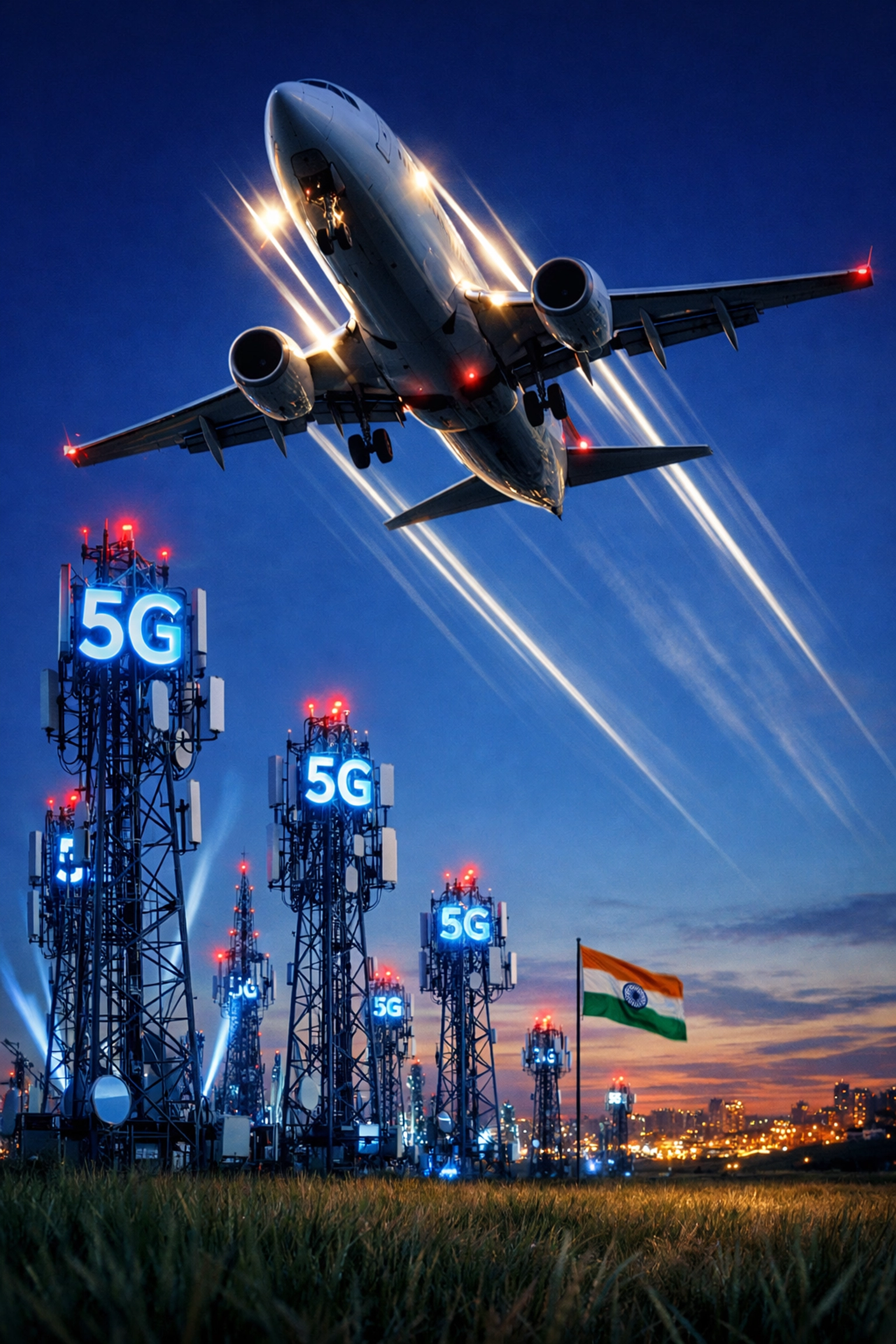 Commercial jet taking off over 5G towers, illustrating the technological momentum in the economy of India