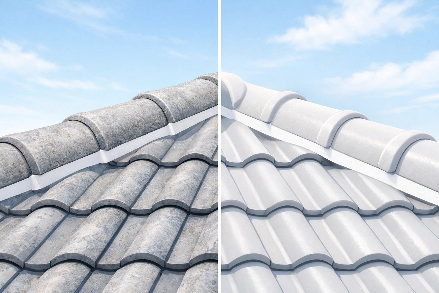 Expert roofers in Sydney performing roof restoration with clean, flexible pointing on a tile ridge.