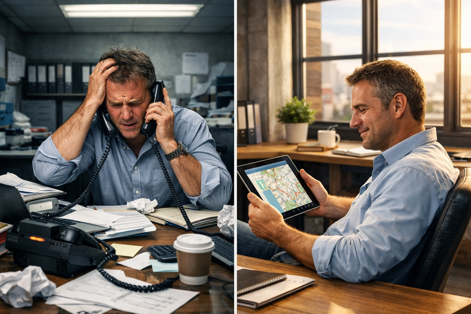 Project manager comparing chaotic lead generation calls versus organized hydrovac company search platform