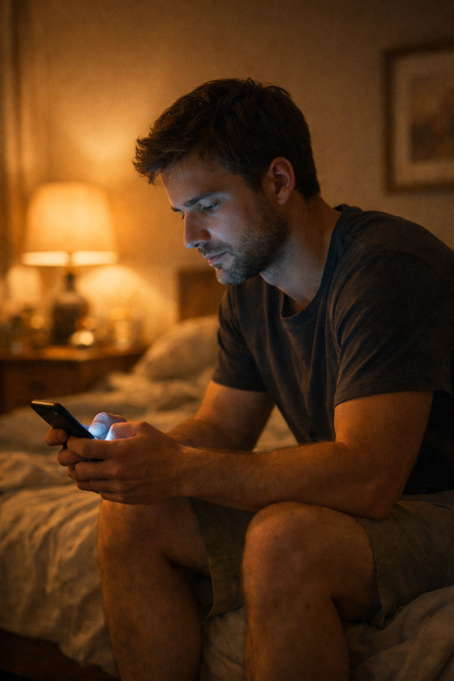 Férfi az ágyon okostelefonnal, a pornófüggőség és PIED vizuális megjelenítése.