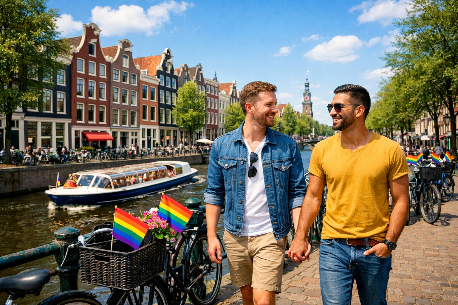 Gay couple walking by an Amsterdam canal, celebrating LGBTQ+ progress and queer life in West Europe.
