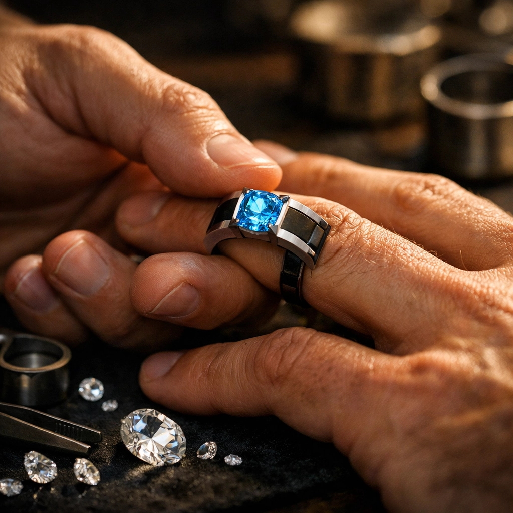 Gay men's engagement with blue diamond ring in jeweler's studio