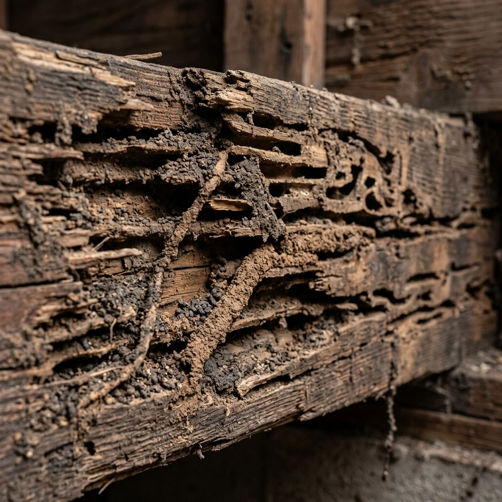 Detailed macro photograph of termite damage in wood