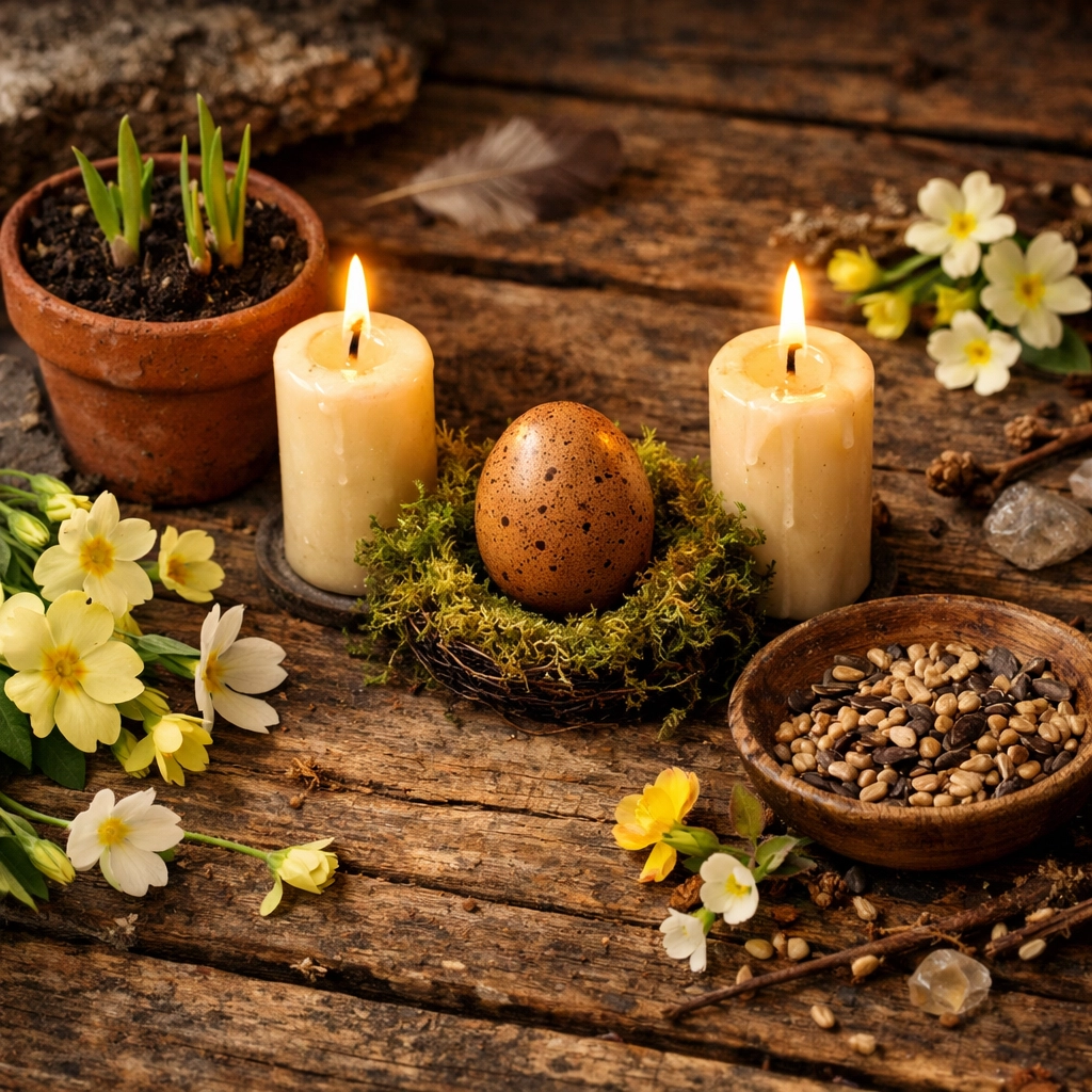 Ostara altar with candles, egg, spring flowers, and seeds for spring equinox celebration