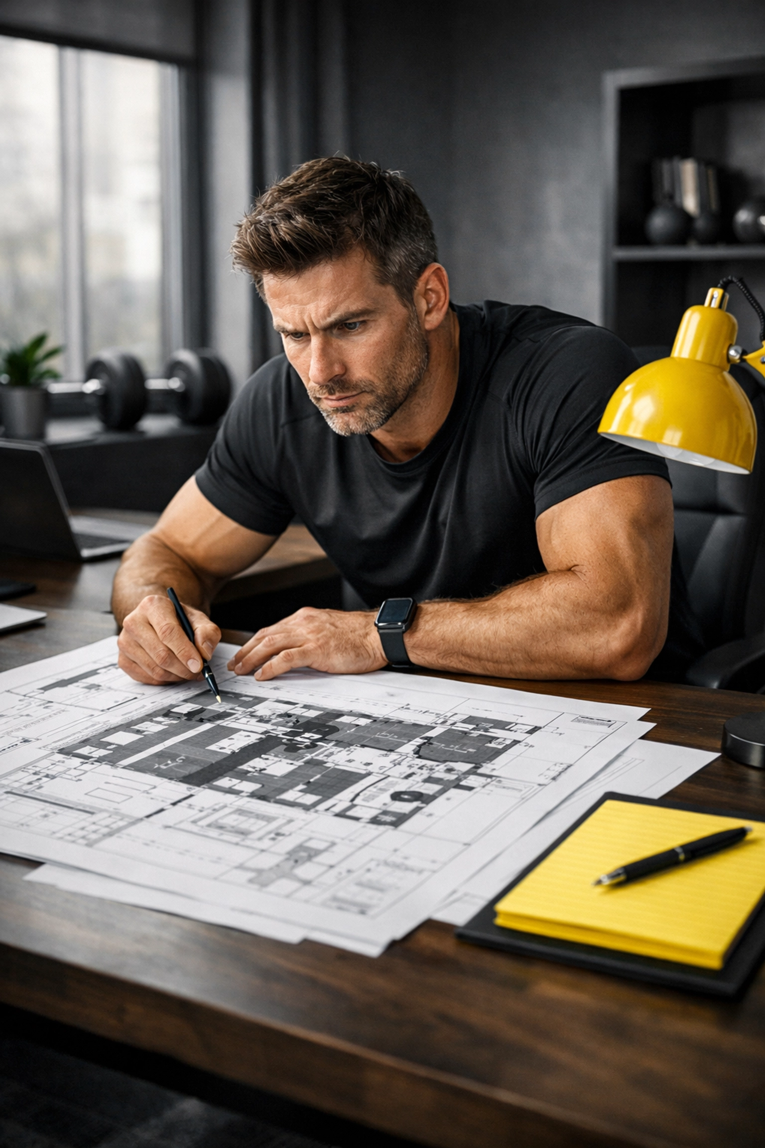 Personal trainer in home office planning a specialized fitness business growth strategy.