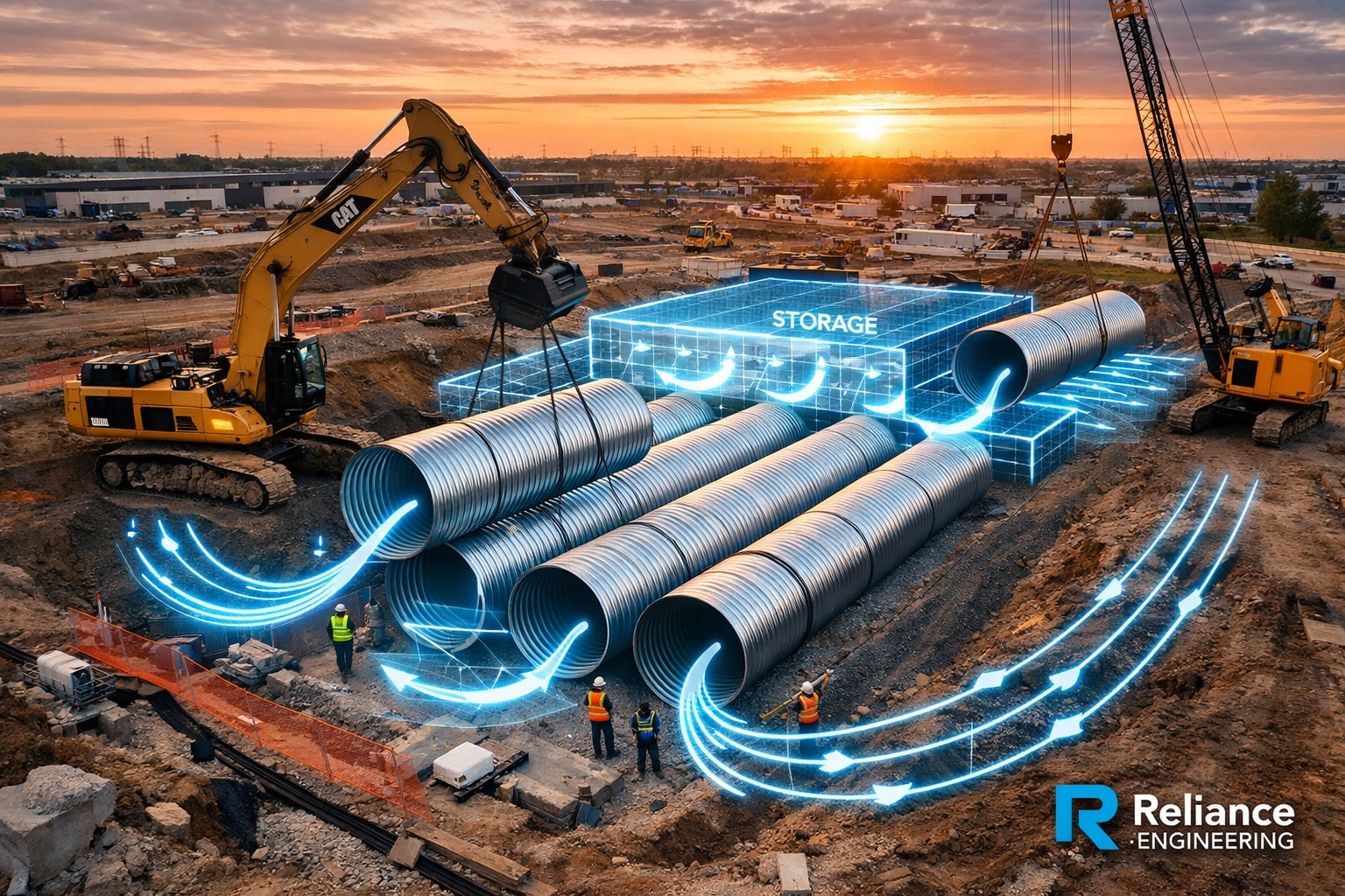 Underground stormwater detention system installation at an Ontario commercial construction site.